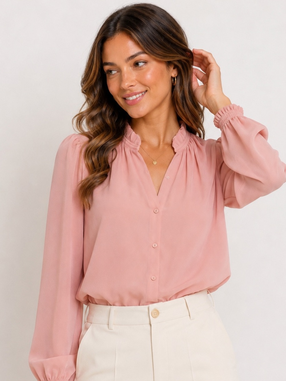 Aritzia Wilfred Lourdes Blouse Pink Ruffle Neck Button Front Top XXS